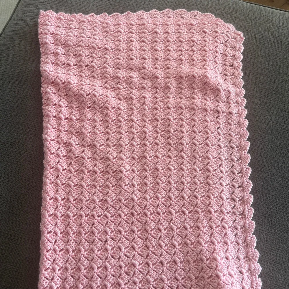 Handmade Pink Crochet Baby Blanket Shell Stitch Scalloped Edge Nursery Wrap
